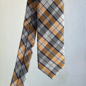 Blue, gold, and gray plaid wool/silk tie (boys’ length)